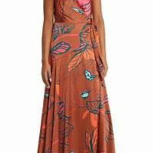HUTCH Mikki Leaf Print Satin Maxi Wrap Dress
